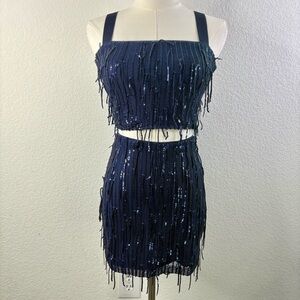 ✨ Lulus Navy Fringe Sequin Two-Piece Set (XS)
